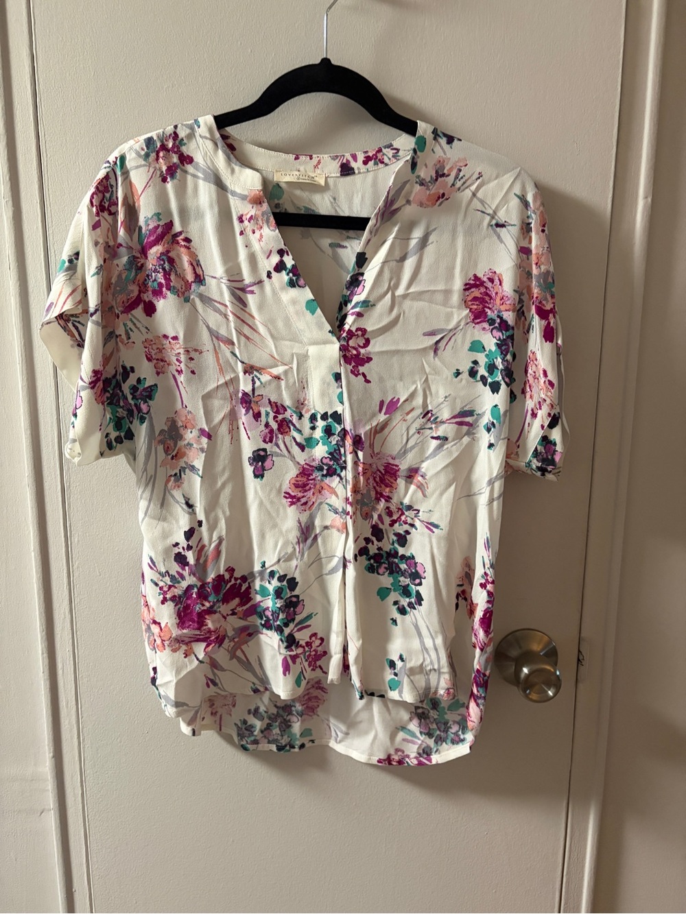 Women's Floral V-Neck Blouse - Cream with Pink & Teal